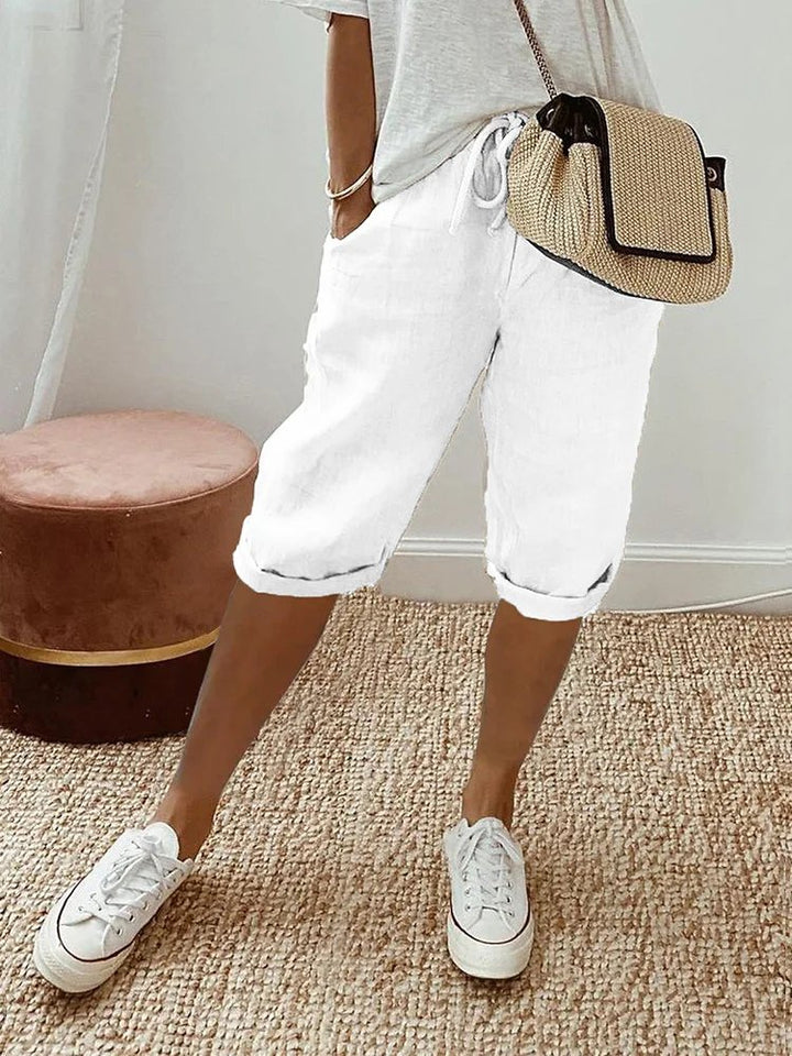 Women's Linen Drawstring Cropped Bermuda Shorts - White