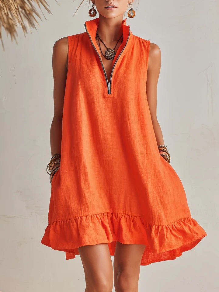 Women's Linen Half-Zip Ruffle Mini Dress - Orange