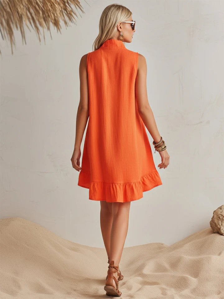 Women's Linen Half-Zip Ruffle Mini Dress