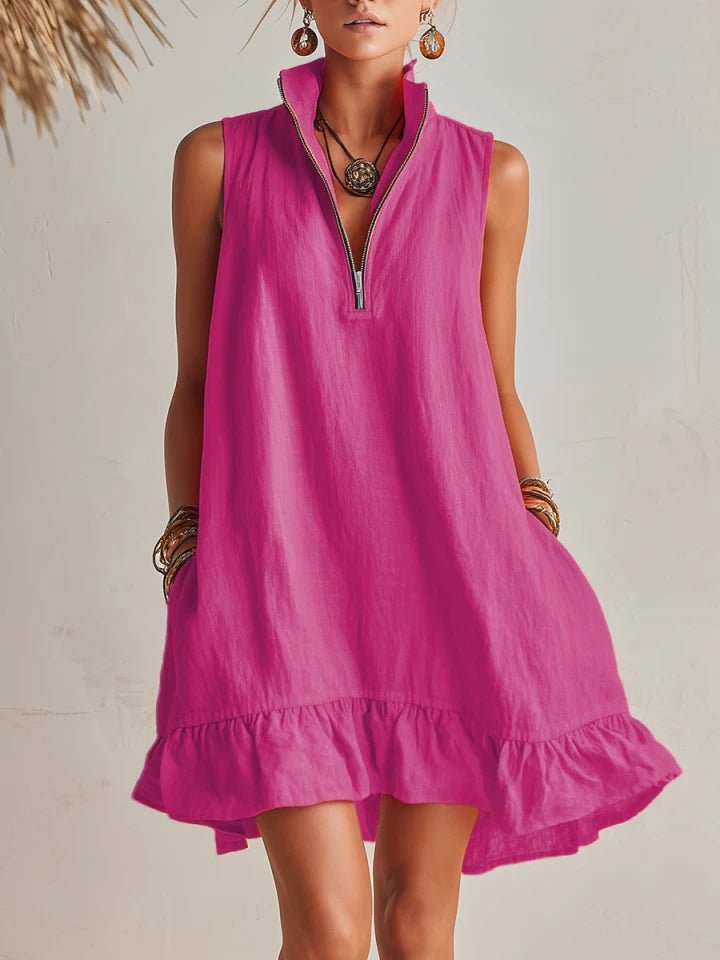 Women's Linen Half-Zip Ruffle Mini Dress - Magenta