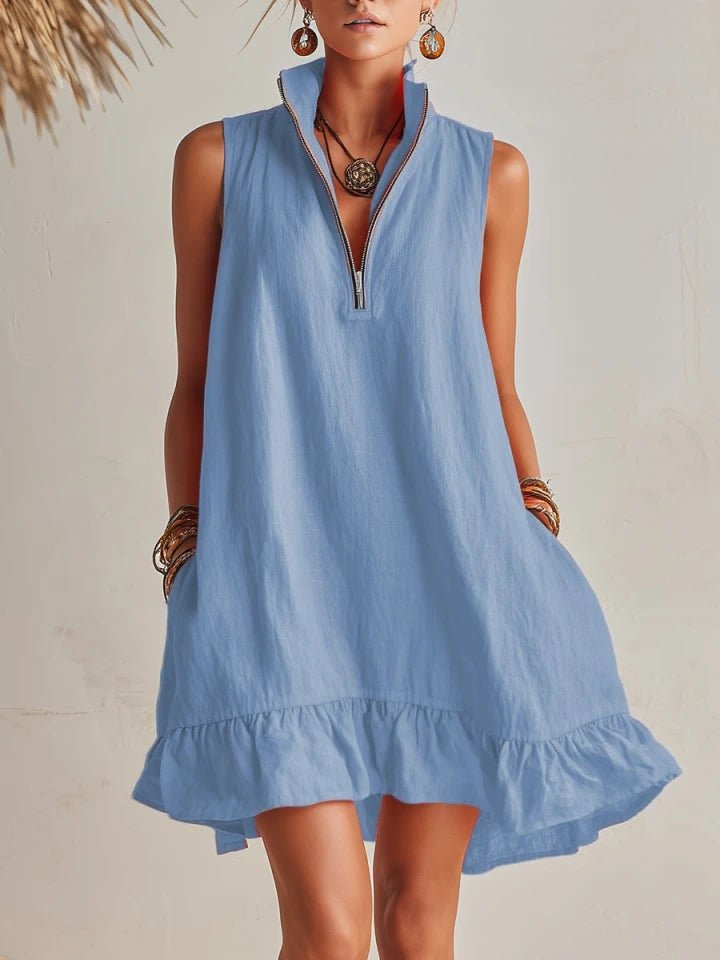 Women's Linen Half-Zip Ruffle Mini Dress - Blue