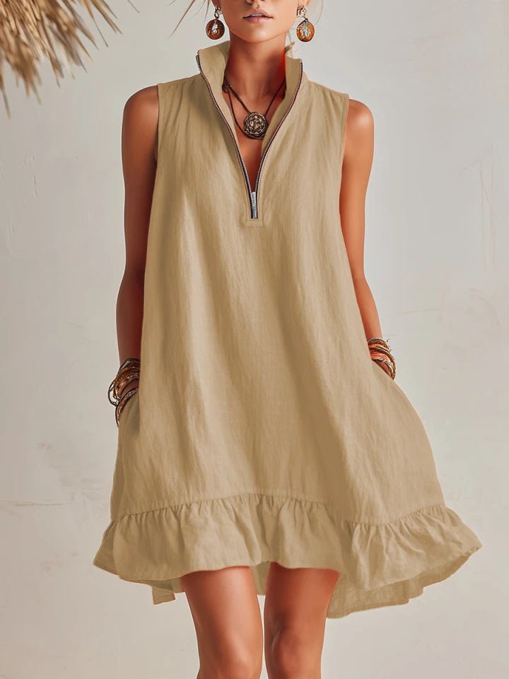 Women's Linen Half-Zip Ruffle Mini Dress - Light Khaki