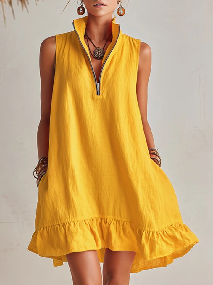Women's Linen Half-Zip Ruffle Mini Dress - Yellow
