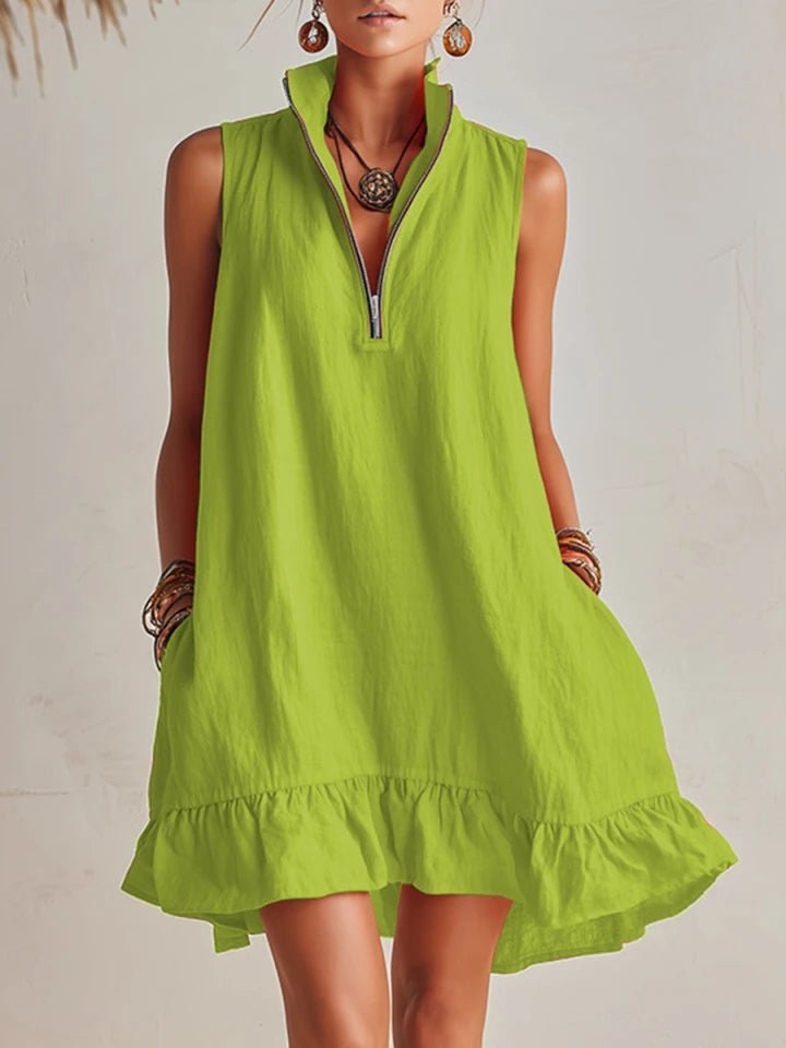 Women's Linen Half-Zip Ruffle Mini Dress - Green