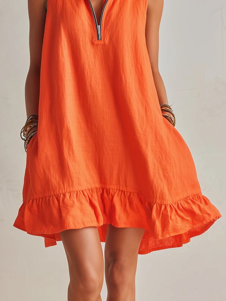 Women's Linen Half-Zip Ruffle Mini Dress