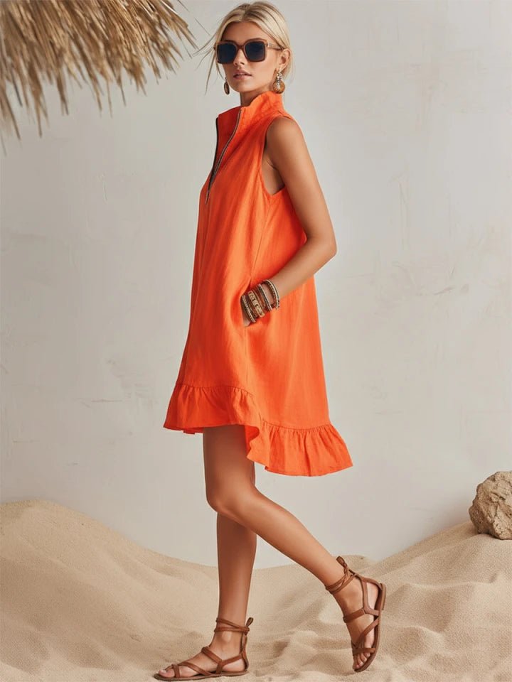 Women's Linen Half-Zip Ruffle Mini Dress