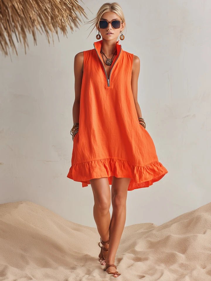 Women's Linen Half-Zip Ruffle Mini Dress