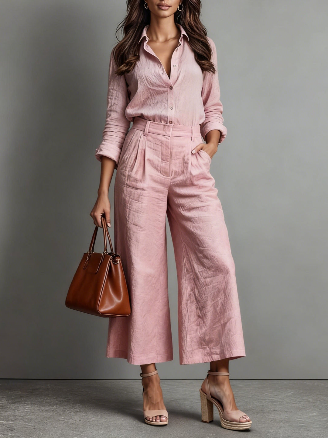 Women's Linen High-Waist Wide-Leg Two-Piece Co-ord Set - Pink