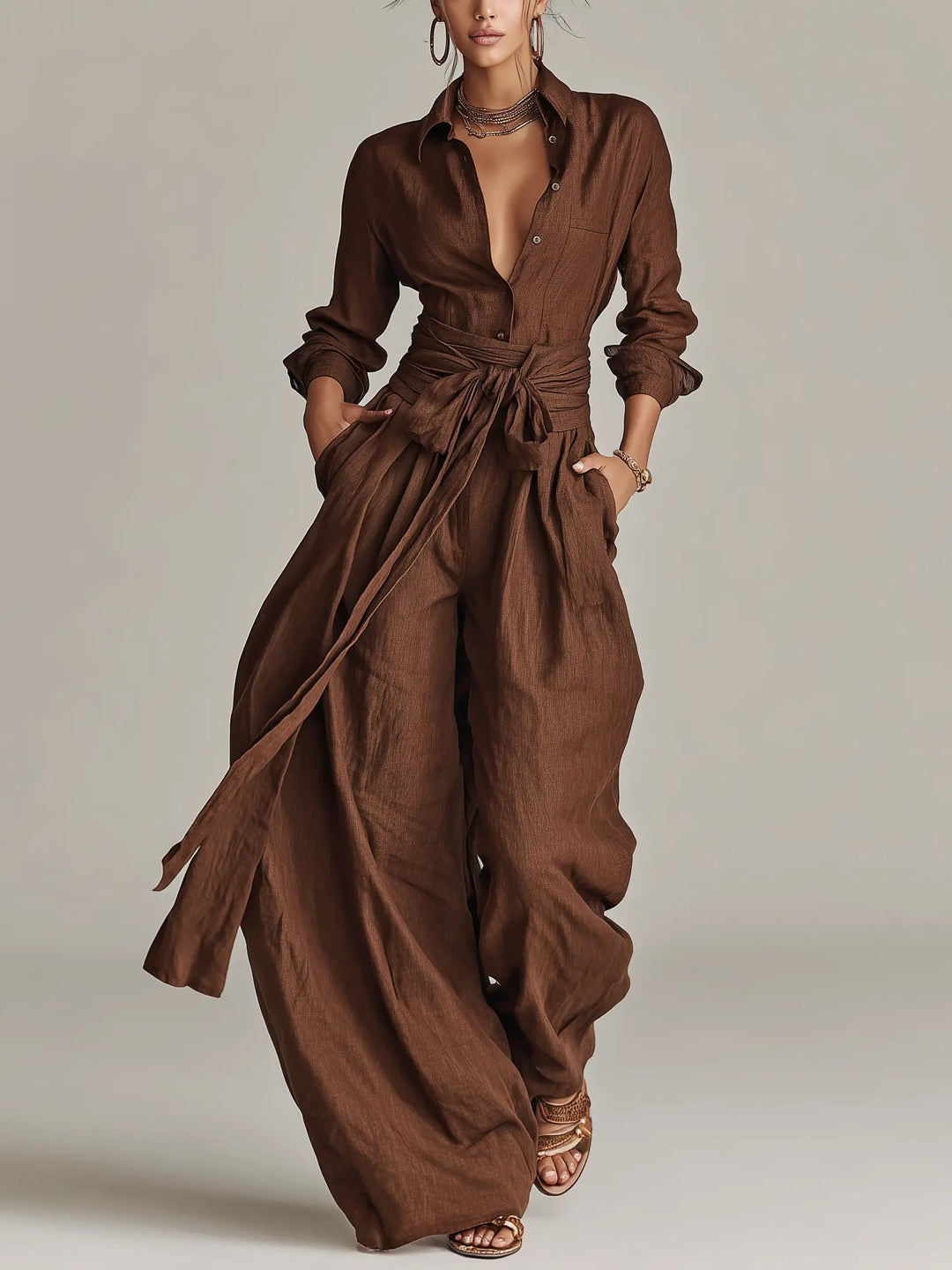 Women's Linen Long-Sleeve Belted Shirt Collar Jumpsuit - Brown
