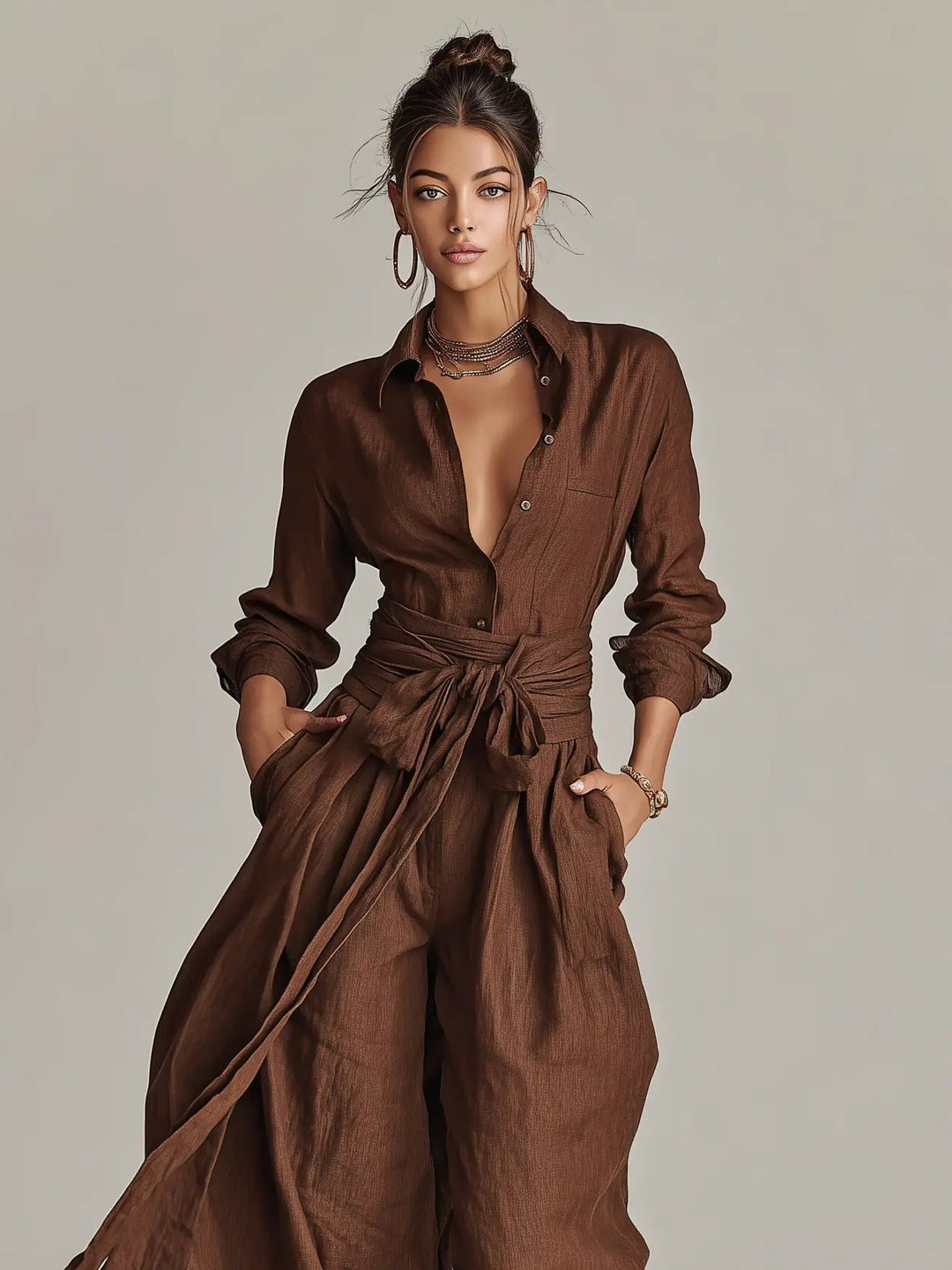 Women's Linen Long-Sleeve Belted Shirt Collar Jumpsuit