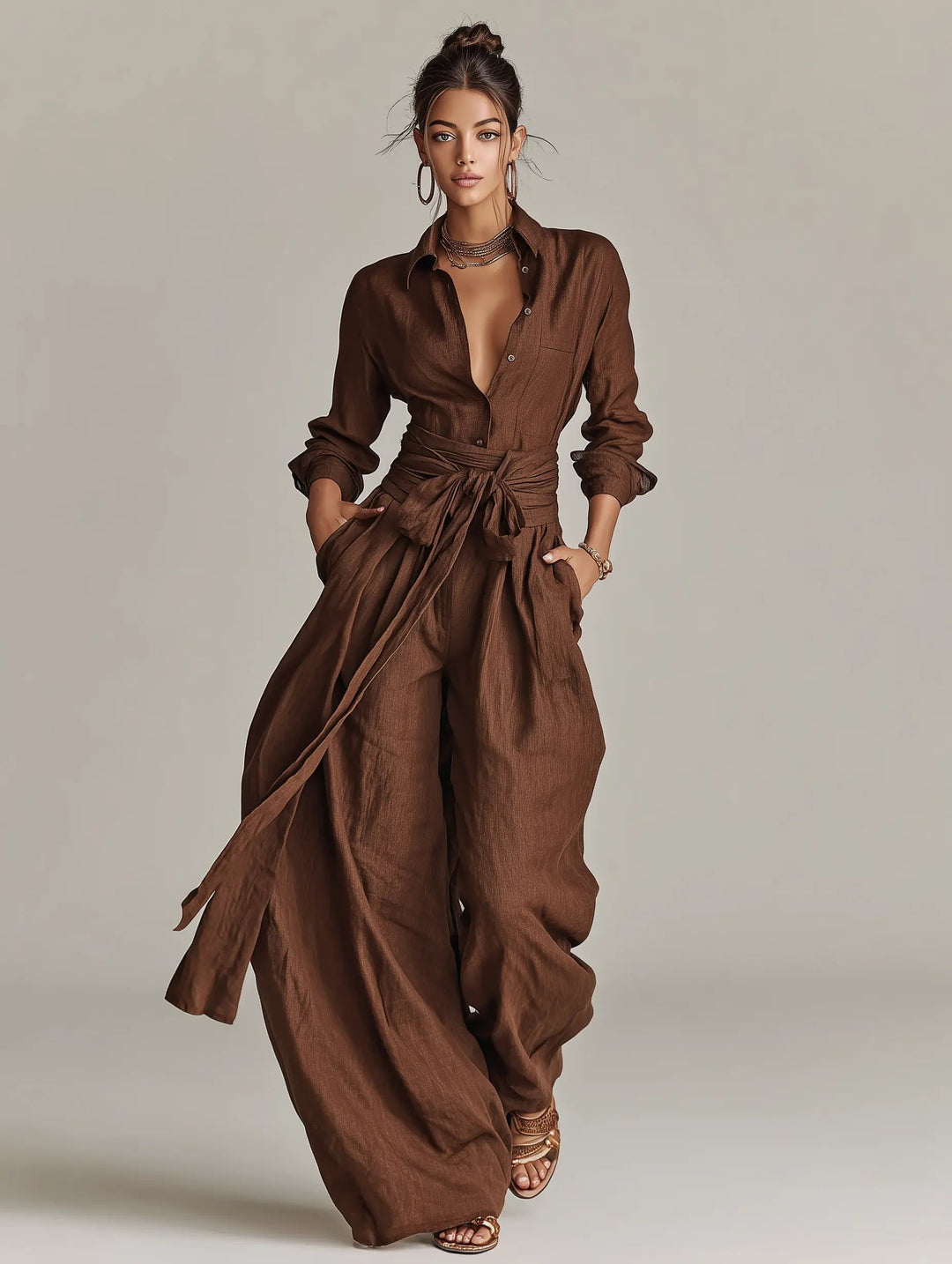 Women's Linen Long-Sleeve Belted Shirt Collar Jumpsuit