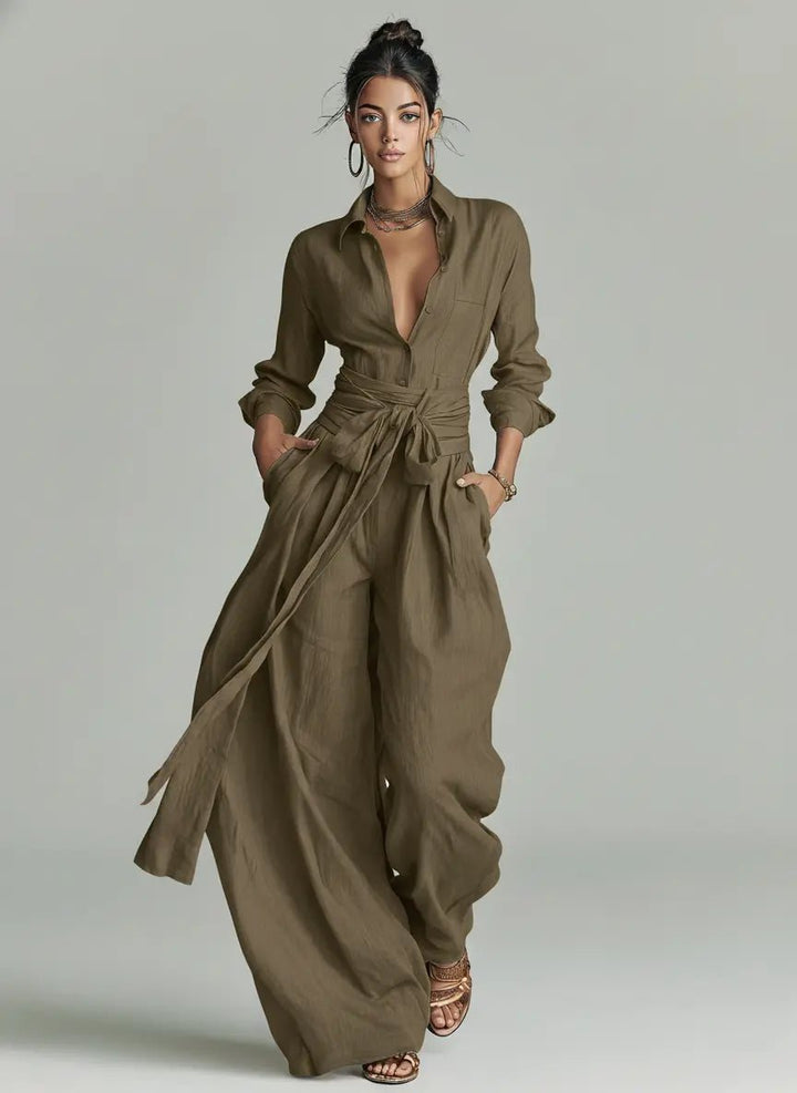 Women's Linen Long-Sleeve Belted Shirt Collar Jumpsuit - Cold Brown