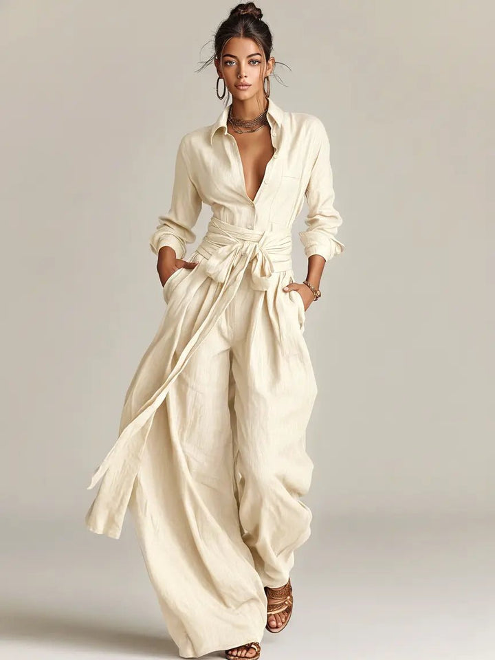 Women's Linen Long-Sleeve Belted Shirt Collar Jumpsuit - White