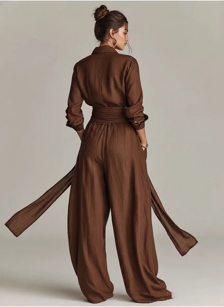 Women's Linen Long-Sleeve Belted Shirt Collar Jumpsuit