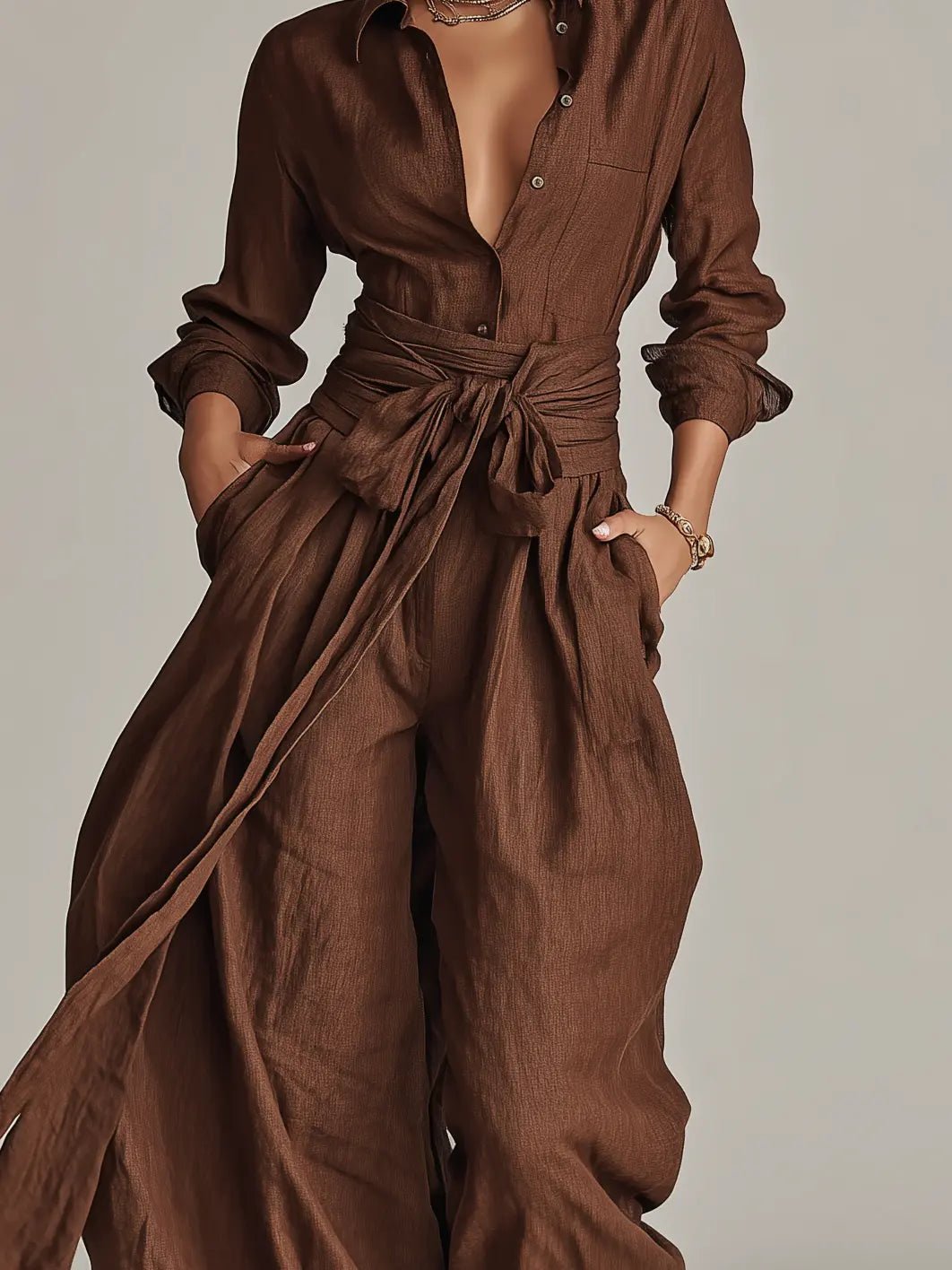 Women's Linen Long-Sleeve Belted Shirt Collar Jumpsuit