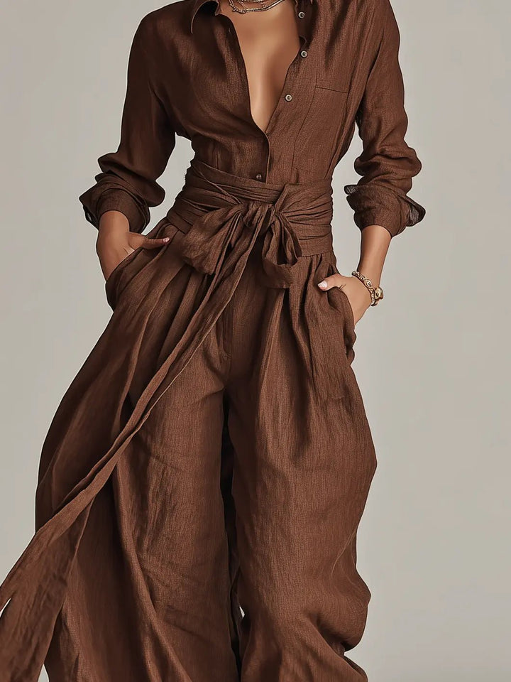 Women's Linen Long-Sleeve Belted Shirt Collar Jumpsuit