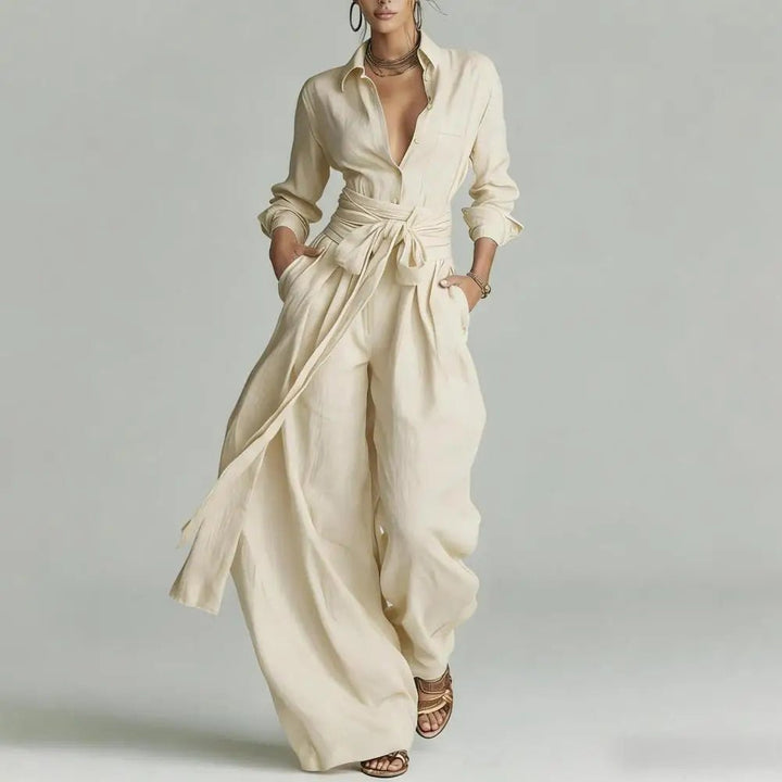 Women's Linen Open-Collar Wide-Leg Co-Ord Set - Apricot