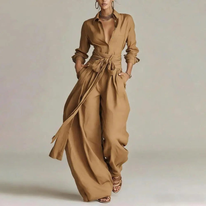 Women's Linen Open-Collar Wide-Leg Co-Ord Set - Khaki