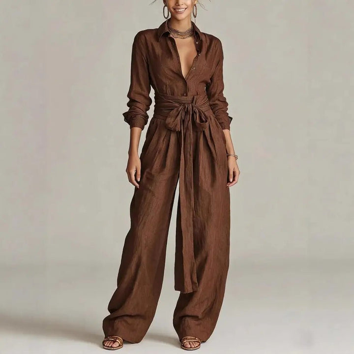 Women's Linen Open-Collar Wide-Leg Co-Ord Set - Coffee