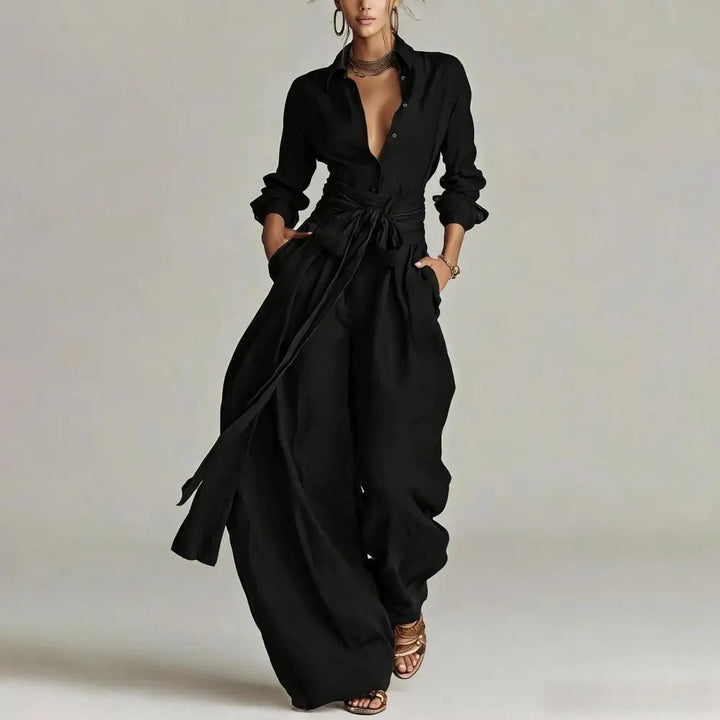 Women's Linen Open-Collar Wide-Leg Co-Ord Set - Black