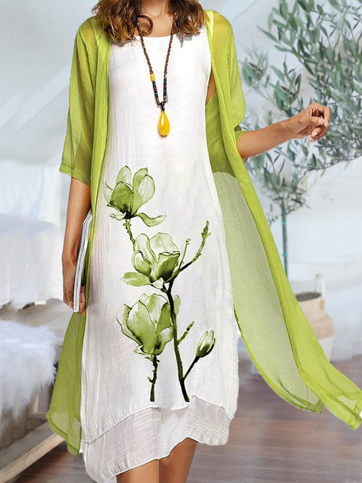 Women's Linen Sleeveless Midi Dress Chiffon Cardigan Set - Light Green