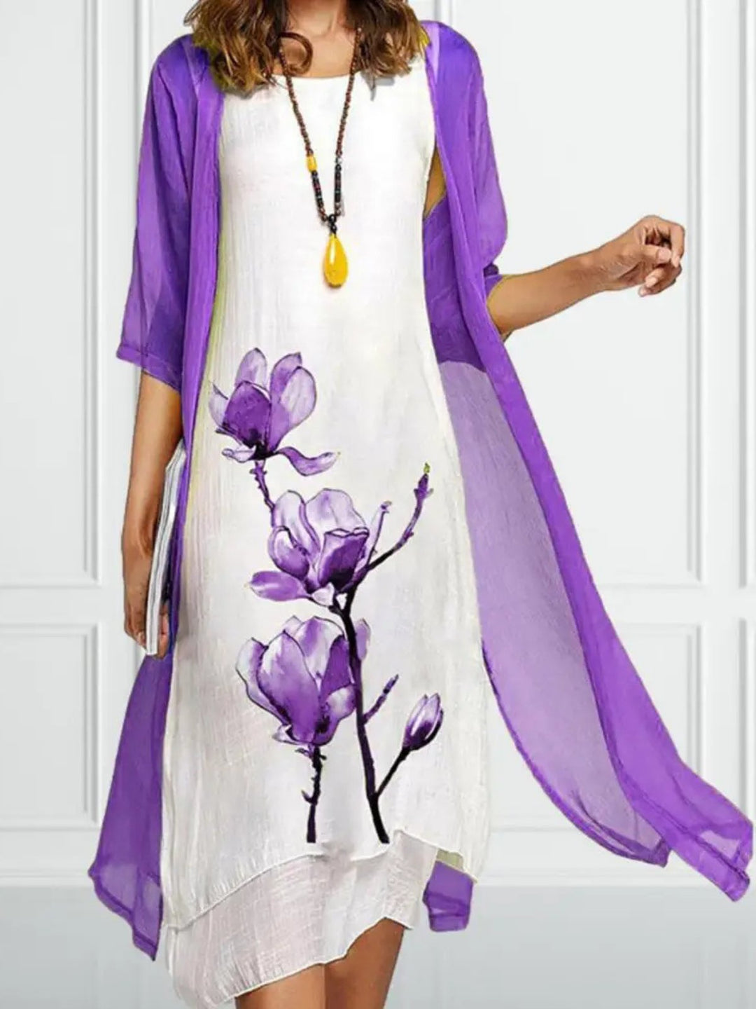 Women's Linen Sleeveless Midi Dress Chiffon Cardigan Set - Purple