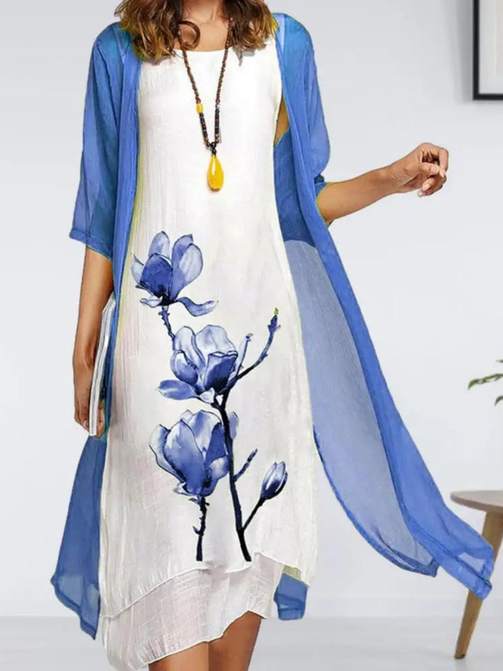 Women's Linen Sleeveless Midi Dress Chiffon Cardigan Set - Blue