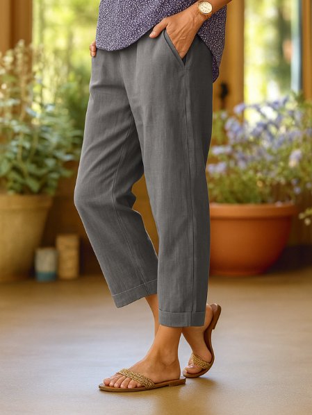 Women's Linen Tapered Cropped Cuffed Trousers - Gray