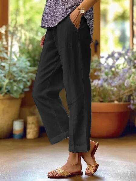 Women's Linen Tapered Cropped Cuffed Trousers - Black