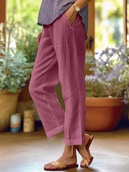 Women's Linen Tapered Cropped Cuffed Trousers - Mauve