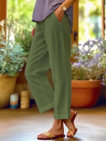 Women's Linen Tapered Cropped Cuffed Trousers - Green