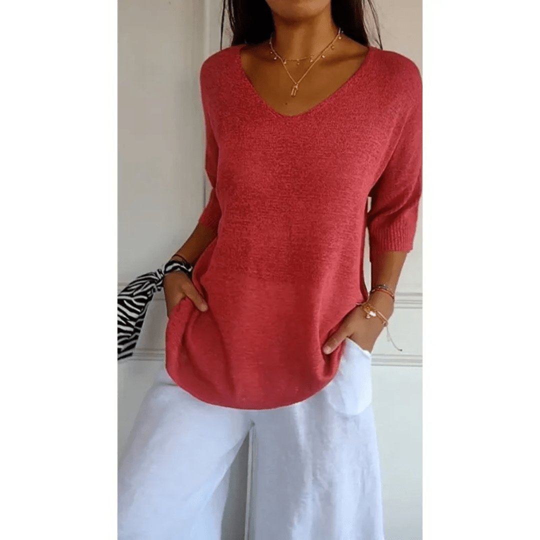 Women's Linen V-Neck Blouse 3/4 Sleeves Relaxed Fit - Red