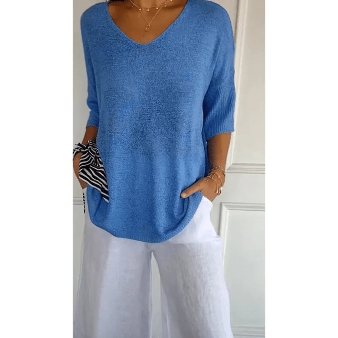 Women's Linen V-Neck Blouse 3/4 Sleeves Relaxed Fit - Blue