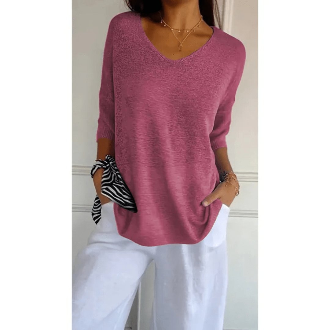 Women's Linen V-Neck Blouse 3/4 Sleeves Relaxed Fit - Pink