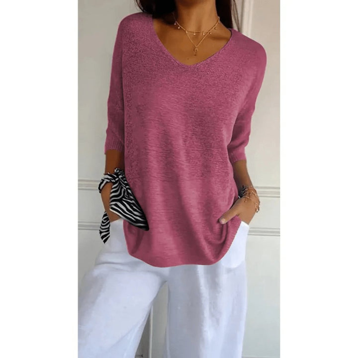 Women's Linen V-Neck Blouse 3/4 Sleeves Relaxed Fit - Pink