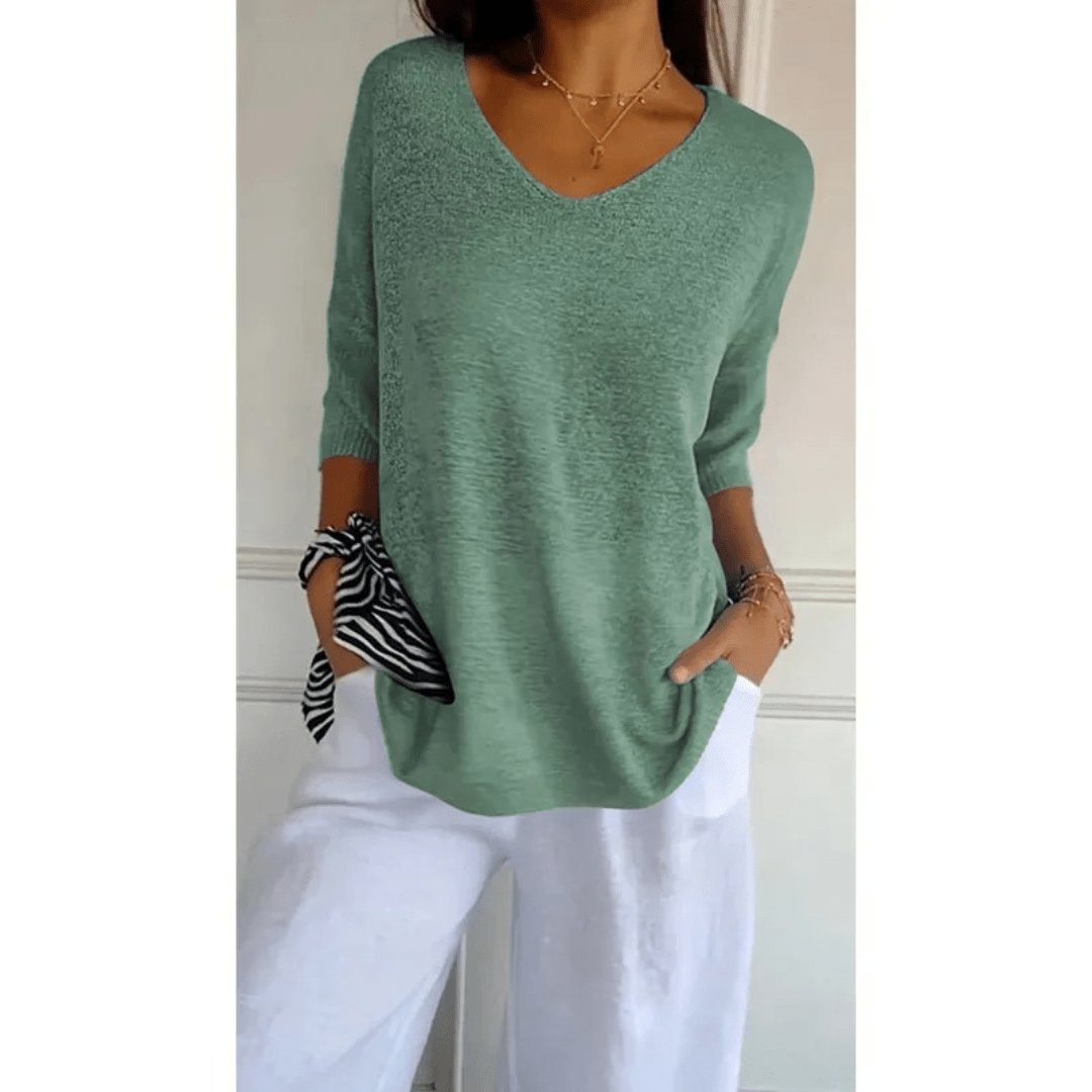 Women's Linen V-Neck Blouse 3/4 Sleeves Relaxed Fit - Light Green
