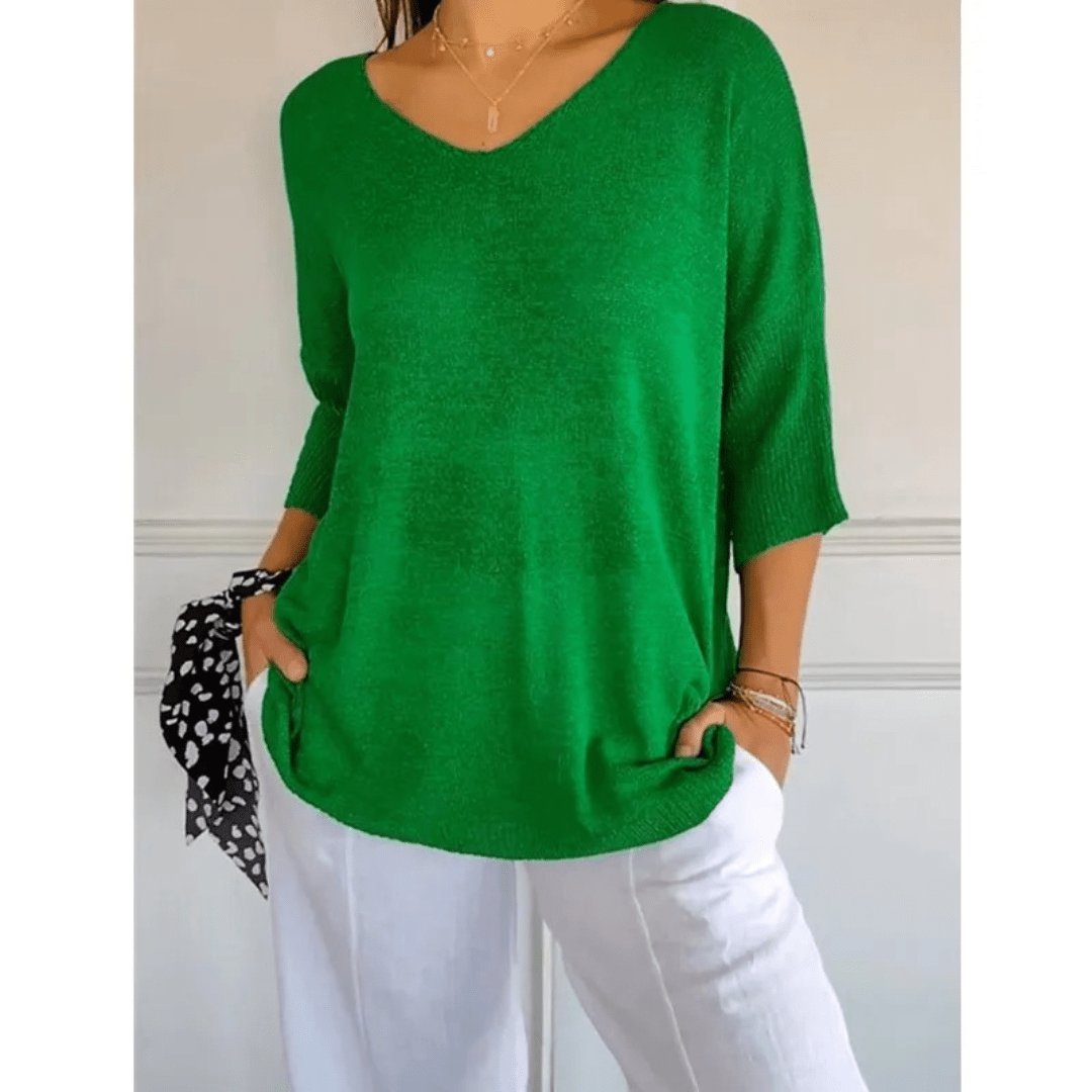 Women's Linen V-Neck Blouse 3/4 Sleeves Relaxed Fit - Green