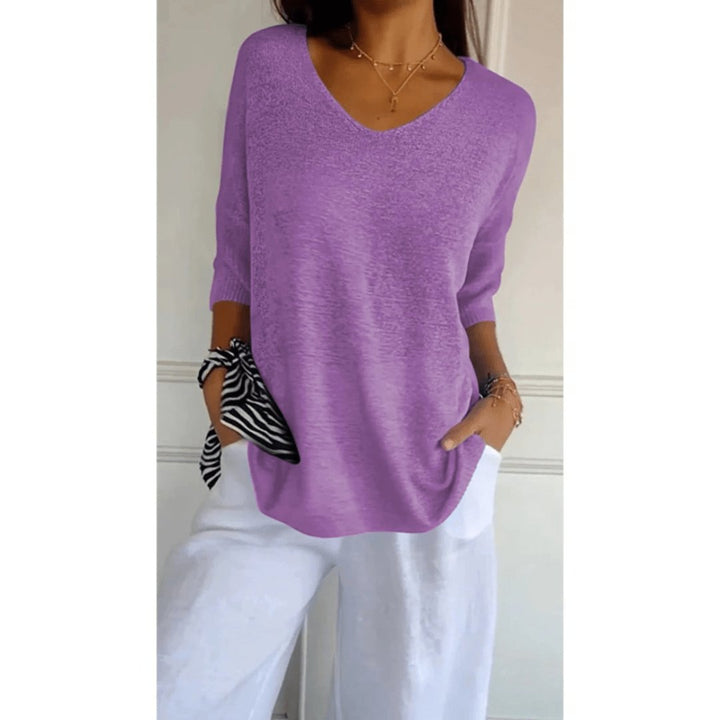 Women's Linen V-Neck Blouse 3/4 Sleeves Relaxed Fit - Purple