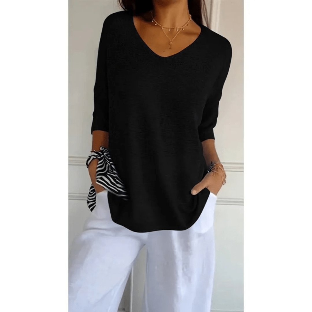 Women's Linen V-Neck Blouse 3/4 Sleeves Relaxed Fit - Black