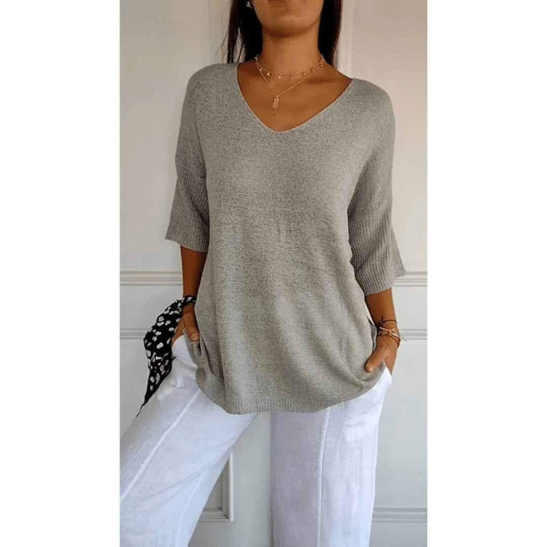 Women's Linen V-Neck Blouse 3/4 Sleeves Relaxed Fit - Grey