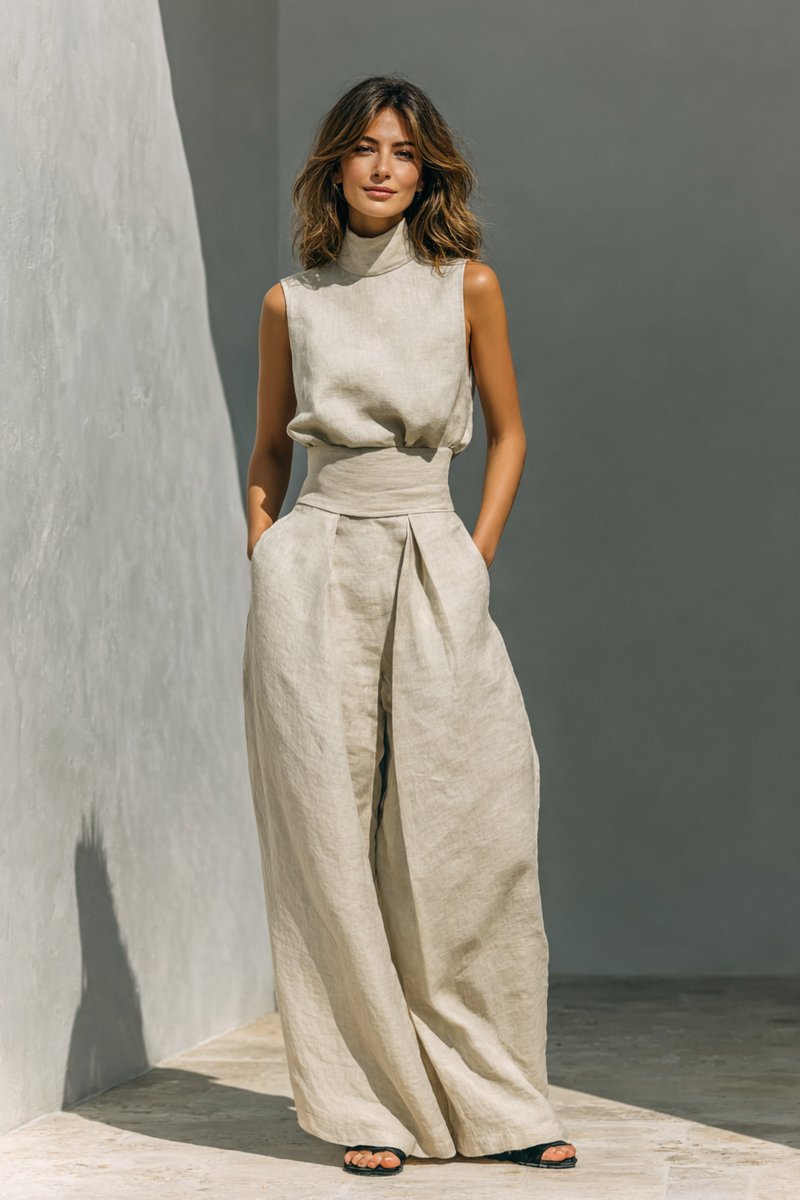 Women's Linen Wide-Leg High-Waist Sleeveless Trouser Co-ord Set - Khaki