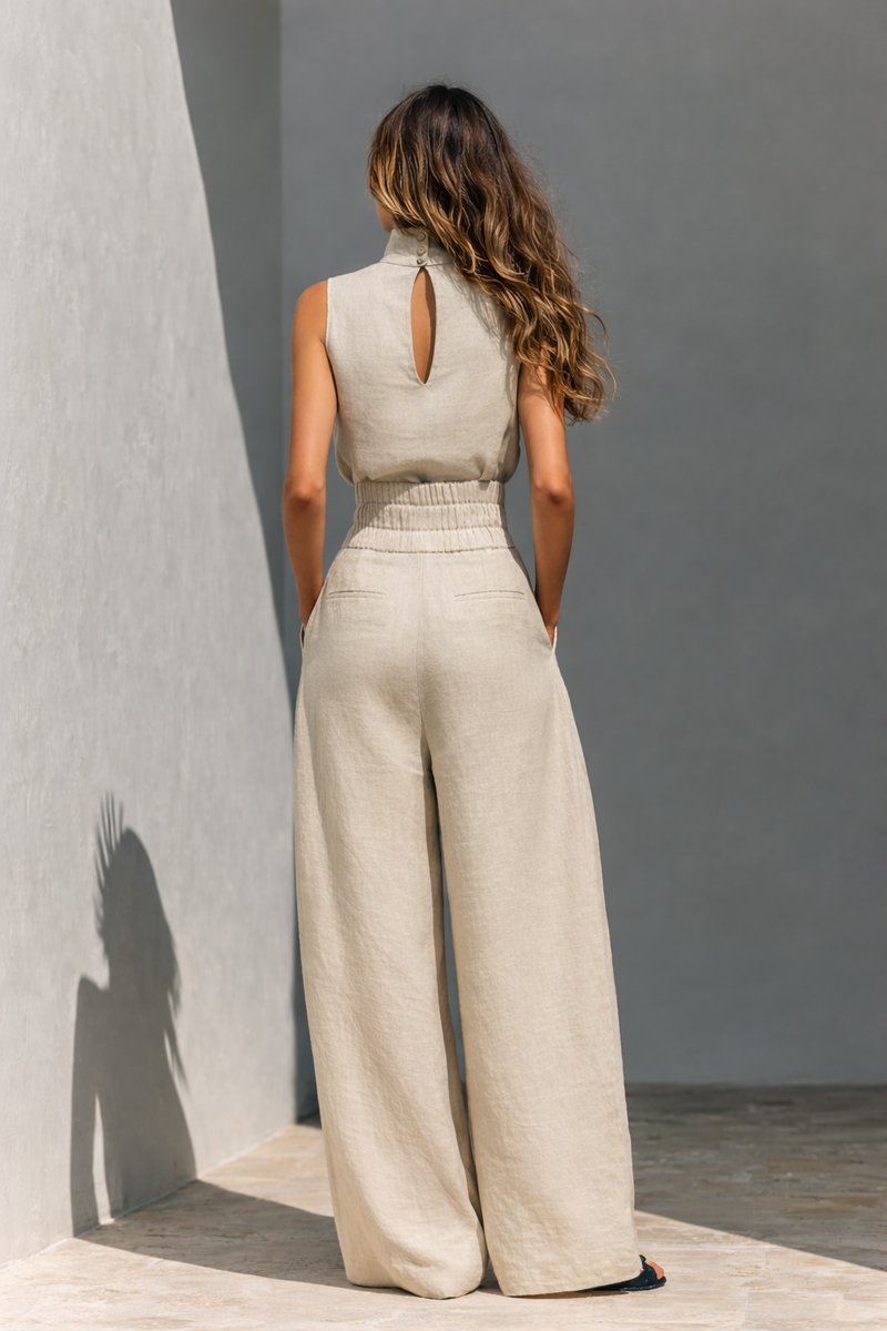 Women's Linen Wide-Leg High-Waist Sleeveless Trouser Co-ord Set