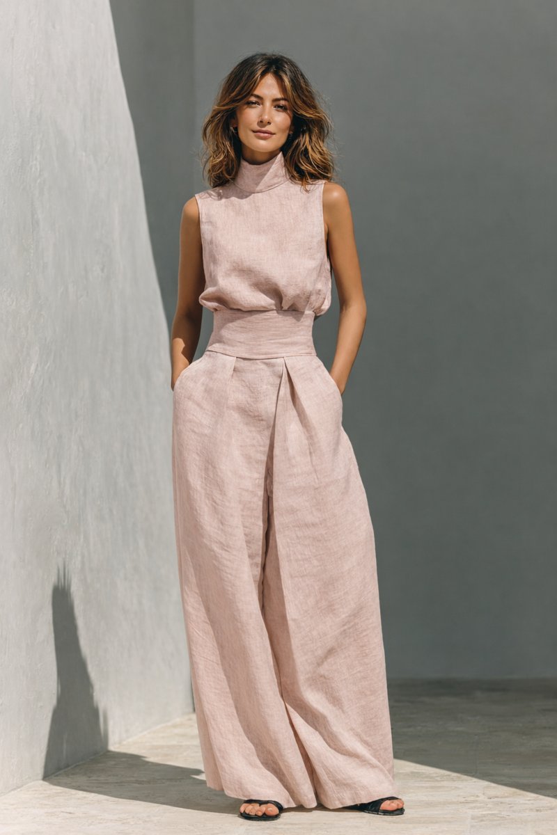 Women's Linen Wide-Leg High-Waist Sleeveless Trouser Co-ord Set - Light Pink