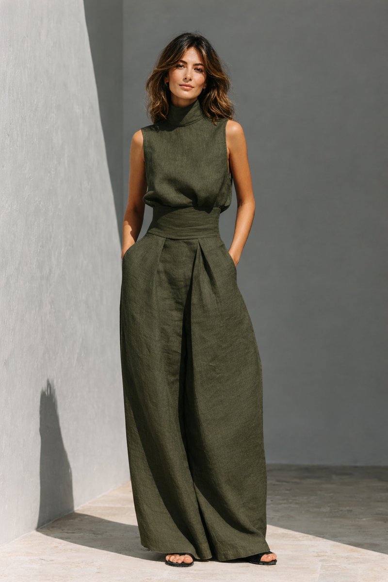 Women's Linen Wide-Leg High-Waist Sleeveless Trouser Co-ord Set - Army Green