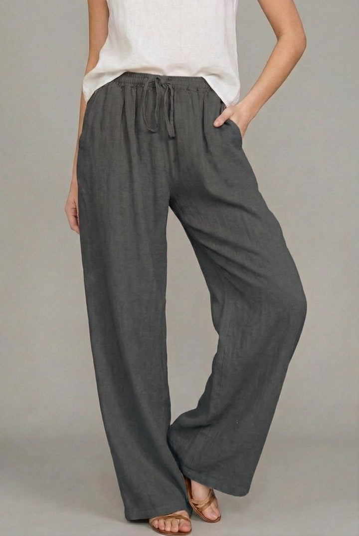 Women's Linen Wide Leg Pants Elasticated Drawstring Trousers - Dark gray