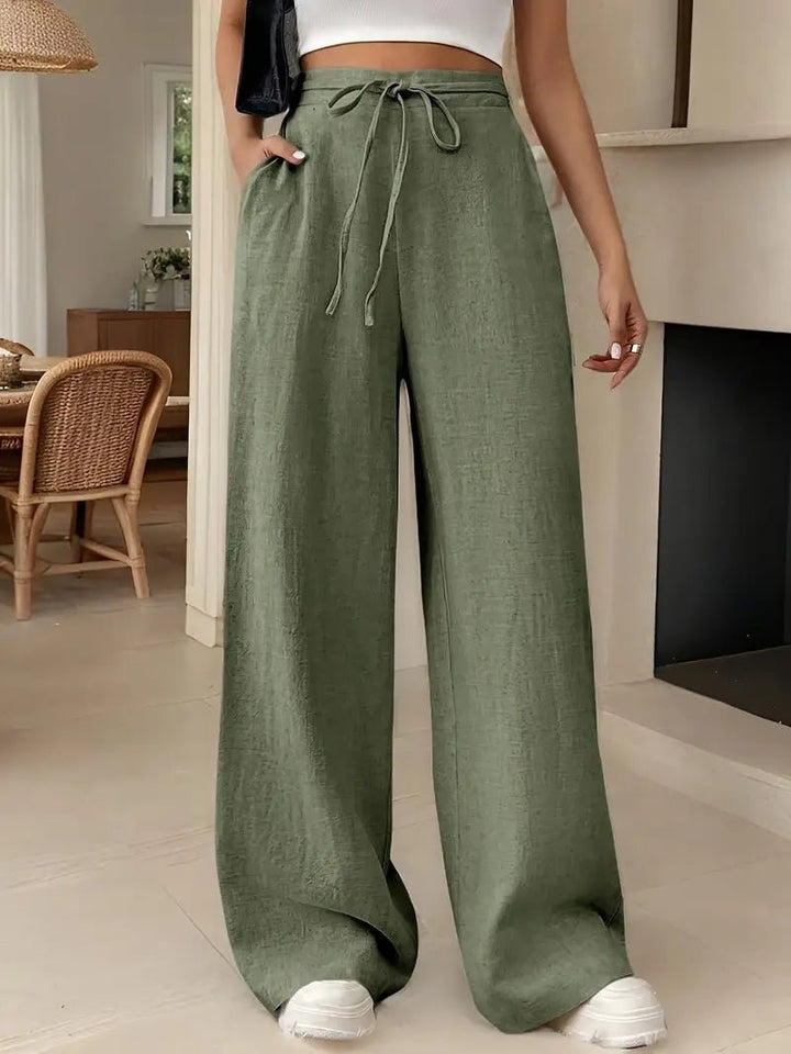 Women's Linen Wide Leg Trousers High Waisted Drawstring - Matcha