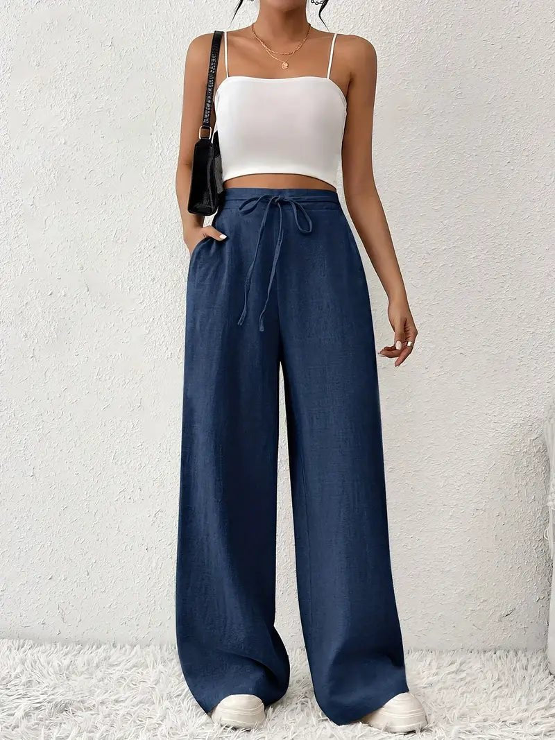 Women's Linen Wide Leg Trousers High Waisted Drawstring - Blue