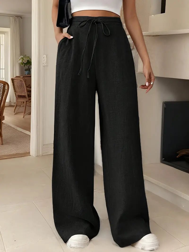 Women's Linen Wide Leg Trousers High Waisted Drawstring - Black