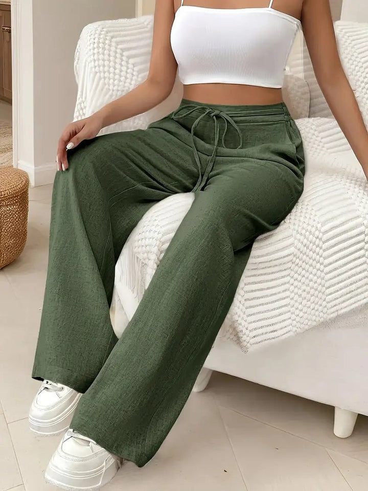 Women's Linen Wide Leg Trousers High Waisted Drawstring - Green