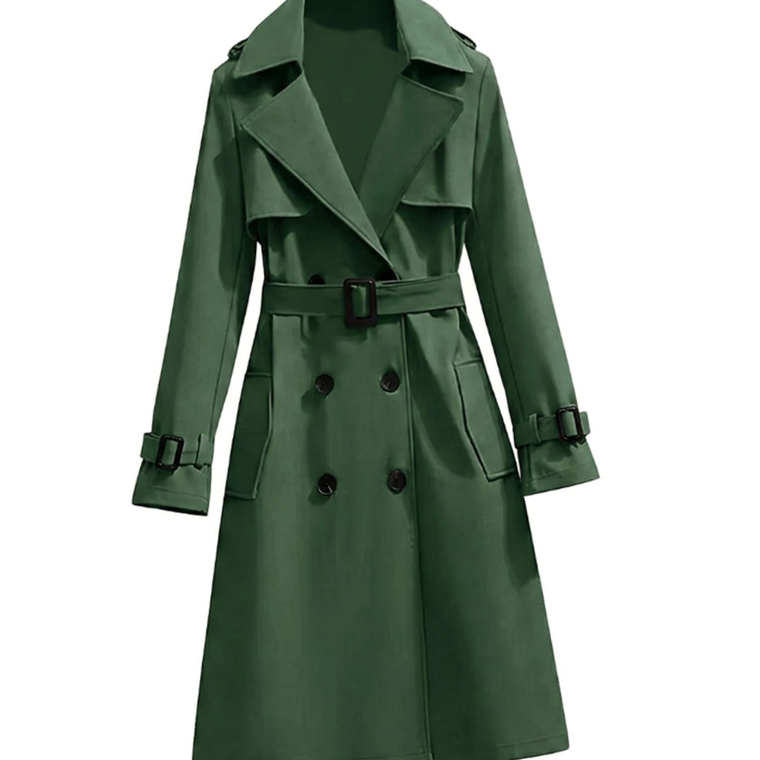 Women's Long Double Breasted Belted Winter Coat Notch Lapel - Olive Green